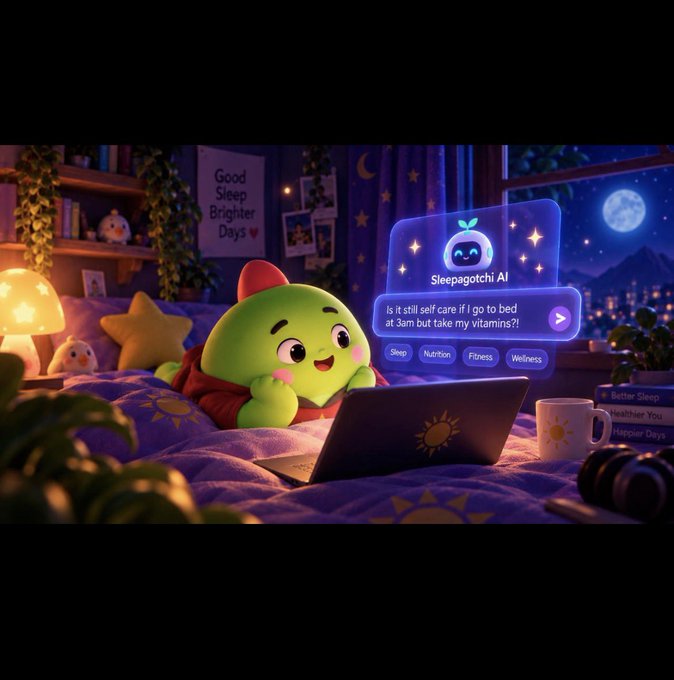 An AI-generated illustration of a green creature with a red hood using 'Sleepagotchi AI' on a laptop at night, with a message asking 'Is it still self care if I go to bed at 3am but take my vitamins?!'