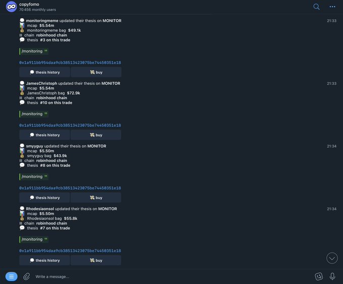 A Telegram chat screenshot from "copyfomo" shows crypto trading notifications with updates from users like "monitoringmeme," "JamesChristoph," and "smygguy" tracking their thesis on MONITOR with various trades.