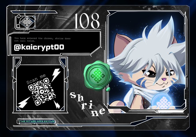 A dark-themed digital graphic featuring the number 108, a cartoon white-haired animal character, a QR code, and the handle @kaicrypt00 with text referencing a 'chosen shrine.'