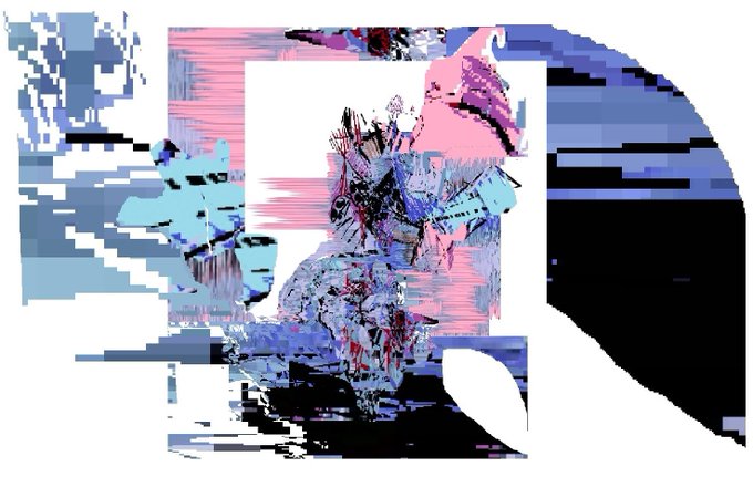 A heavily distorted, glitch-art style image featuring abstract shapes in blue, pink, and black with pixelated blocks and chaotic scribbled textures.