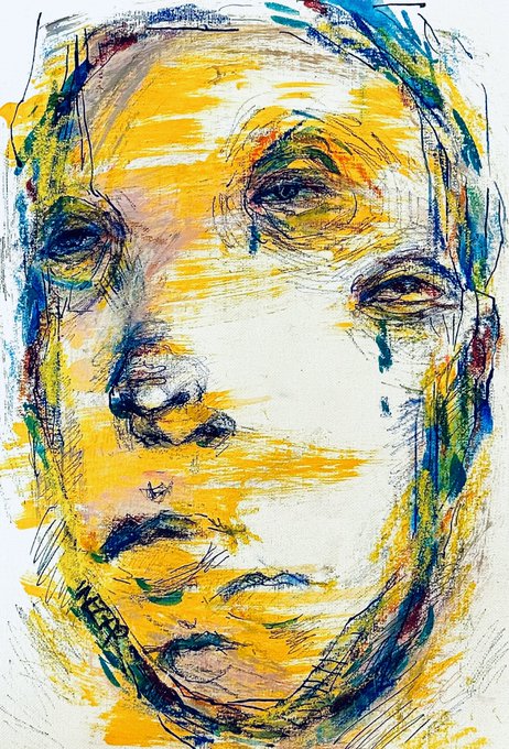 An expressive sketch portrait of a face rendered with yellow, blue, and white pencil or crayon strokes.