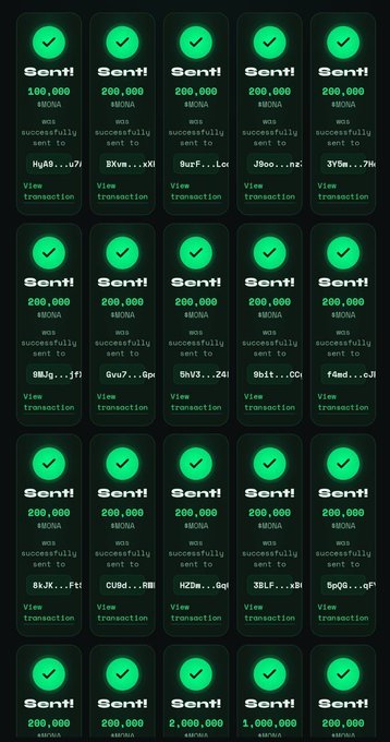A collage of multiple Sent! confirmation receipts showing successful transactions of 200,000 MONA (and two larger 1,000,000 and 2,000,000 MONA payouts) sent to various recipients, demonstrating completed Solana airdrop distributions. The receipts feature green checkmarks, wallet addresses, and "View transaction" links, visually confirming the claim that the first 1,000 participants have received their up to 200,000 $MONA airdrop rewards.