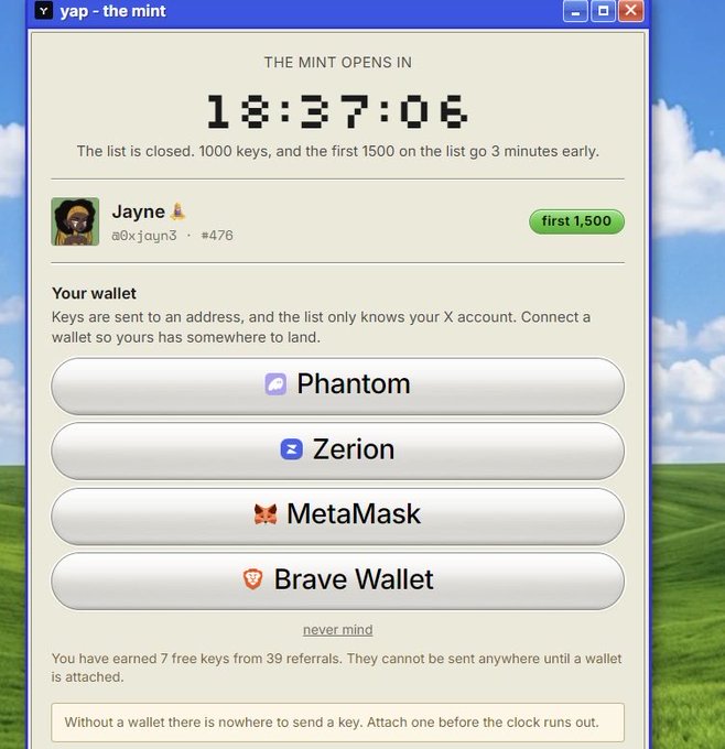 A screenshot of "yap - the mint" application showing an 18:37:06 countdown timer for "THE MINT OPENS IN," with 1000 keys available where the first 1500 get early access, and a wallet connection prompt featuring options for Phantom, Zerion, MetaMask, and Brave Wallet. The image illustrates the user's concern by displaying the mandatory wallet integration step (with a warning that "Without a wallet there is nowhere to send a key") that must be completed before minting, explaining their hesitation about connecting rather than simply submitting a wallet address.