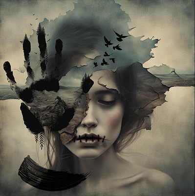A surreal dark artistic illustration featuring a woman's face merged with cracked stone and a large black handprint, accompanied by birds flying in the sky.