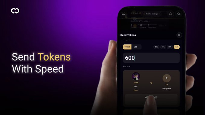 A promotional image showing a hand holding a smartphone displaying an Ellio app interface for sending tokens, with the text 'Send Tokens With Speed' on a purple backdrop.