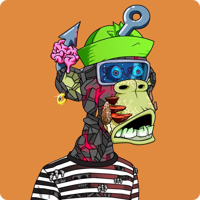 A cartoon NFT-style character combining a monkey face with a giraffe neck, wearing a green bandana, blue tech goggles, and a striped prison uniform, with a brain and key accessories on an orange background.