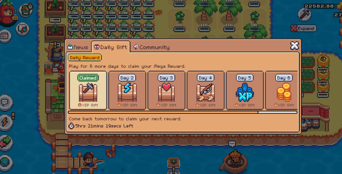 A screenshot of a pixel-art style video game showing a 'Daily Gift' menu with rewards for 6 days, where Day 1 is 'Claimed' and Day 5 is highlighted with a blue XP gift.