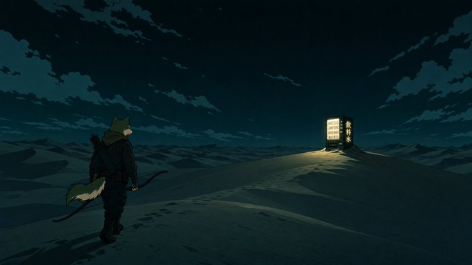 Anime-style illustration of a wolf-like character in dark gear carrying a bow, walking across a snowy landscape at night toward a glowing vending machine on a hill.
