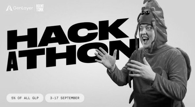 A black and white promotional graphic for 'HACKATHON' featuring a person in a bat costume, branded with GenLayer and Agent Tank logos, offering 5% of all GLP from September 3-17.