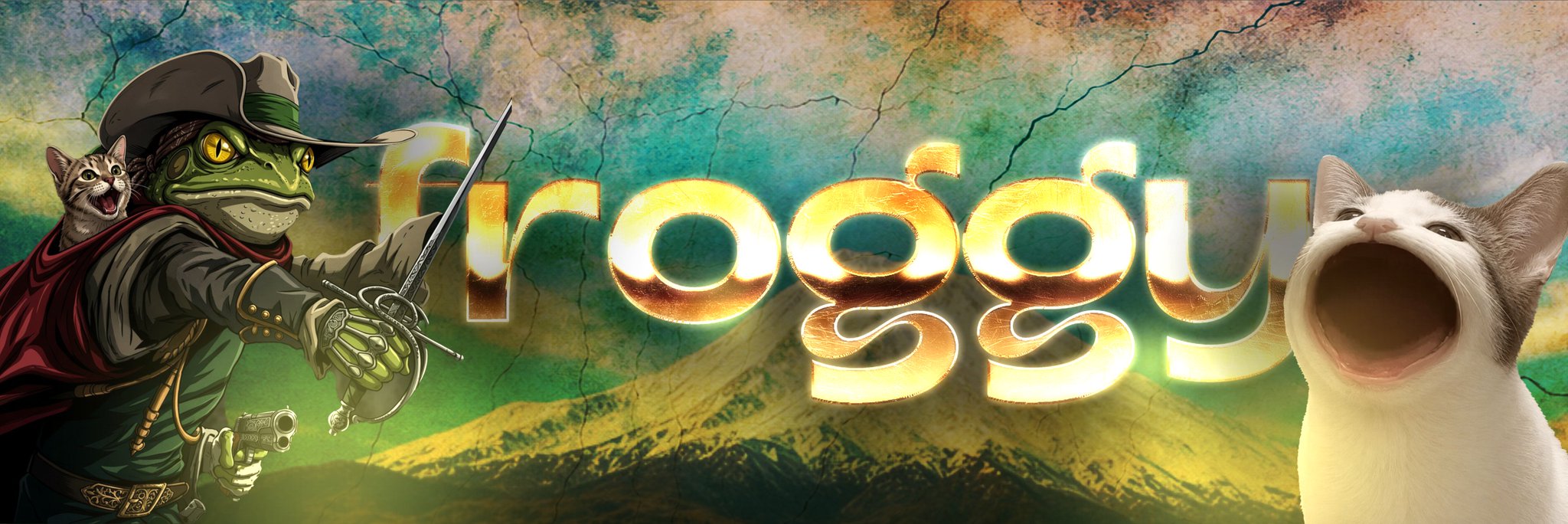 A meme-style graphic featuring the word 'froggy' in glowing yellow letters, flanked by an illustrated frog character with a sword and cat on the left, and a screaming cat on the right against a green textured background.
