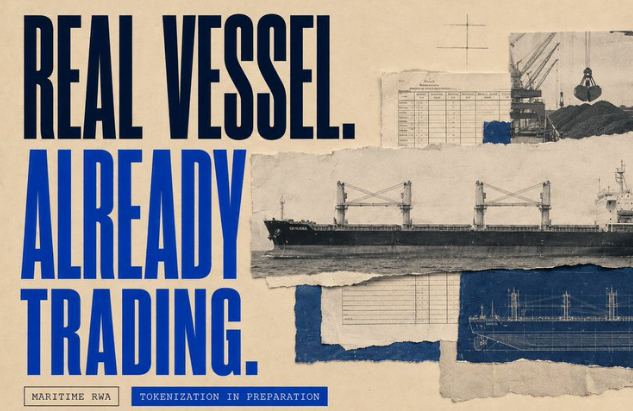 A promotional graphic with bold blue text reading 'REAL VESSEL. ALREADY TRADING.' and smaller text 'MARITIME RWA' and 'TOKENIZATION IN PREPARATION', alongside images of cargo ships and blueprints.