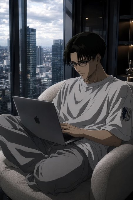 An anime-style illustration shows a man with dark hair and glasses sitting cross-legged in a chair, working on a MacBook laptop with a cityscape visible through the window behind him.