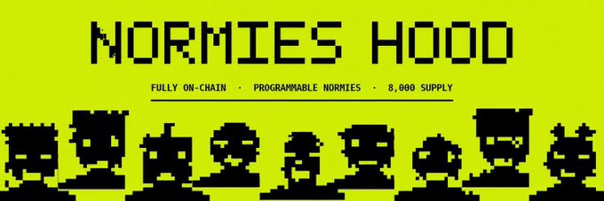 A yellow banner reading "NORMIES HOOD" with text "FULLY ON-CHAIN · PROGRAMMABLE NORMIES · 8,888 SUPPLY" displaying pixelated character sprites along the bottom.