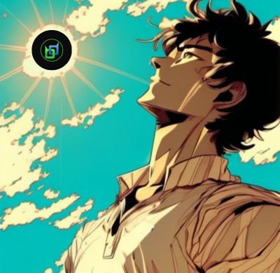 An anime-style illustration of a young man with dark wavy hair looking upward toward a sun or moon with a face, set against a bright blue sky with white clouds and a logo in the corner.