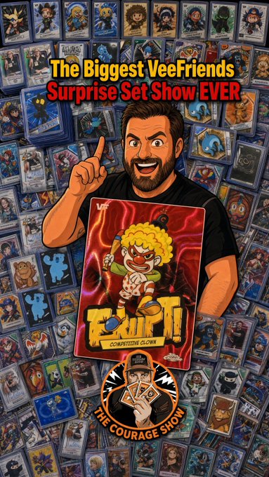 A promotional poster for 'The Biggest VeeFriends Surprise Set Show EVER' featuring an illustrated bearded man pointing upward, surrounded by collectible cards and displaying a 'FURRT - COMPETITIVE CLOWN' card with 'THE COURAGE SHOW' logo at the bottom.