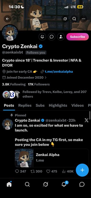 X (Twitter) profile for 'Crypto Zenkai' (@zenkaixbt), a crypto trader since 2018, with 17K Followers, promoting their Telegram channel 'Zenkai Alpha'.