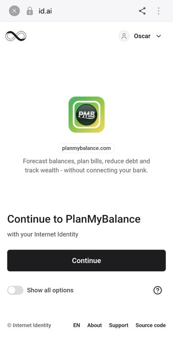 Screenshot of an Internet Identity authentication page (id.ai) showing a "Continue to PlanMyBalance" prompt with the planmybalance.com app icon and tagline "Forecast balances, plan bills, reduce debt and track wealth - without connecting your bank." This relates to DFINITY/Internet Identity's proposal 143657, which enables custom logos and descriptions (like the PMB logo shown) for apps using the authentication system.