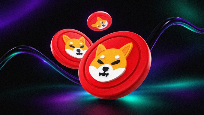A 3D illustration of three red coins featuring the Shiba Inu dog face logo from the Shiba Inu cryptocurrency, floating against a dark background with colorful neon light waves.