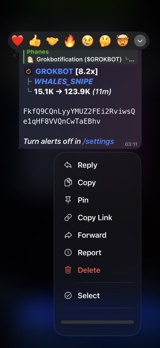 A mobile app notification from Grokbotification shows crypto price updates for $WHALES_SNIPE, with a context menu displaying options like Reply, Copy, Pin, Forward, and Delete.