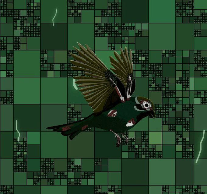 A stylized illustration of a flying bird against a green geometric background with a fractal/Sierpinski pattern.
