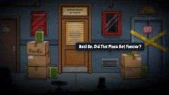 A pixel-art puzzle game scene showing a room with boxes, a window, and a locked safe with the on-screen text 'Hold On. Did That Place Get Fixed?'