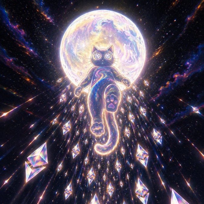 A cosmic cat with glowing paw prints ascends toward a radiant moon, surrounded by floating crystals and a starry galaxy, symbolizing the celestial rise of the $moon cat token tied to Ethereum's bullish trajectory. The dreamy artwork visually echoes the post's optimism about reaching 10k+ in this cycle through RWA adoption.