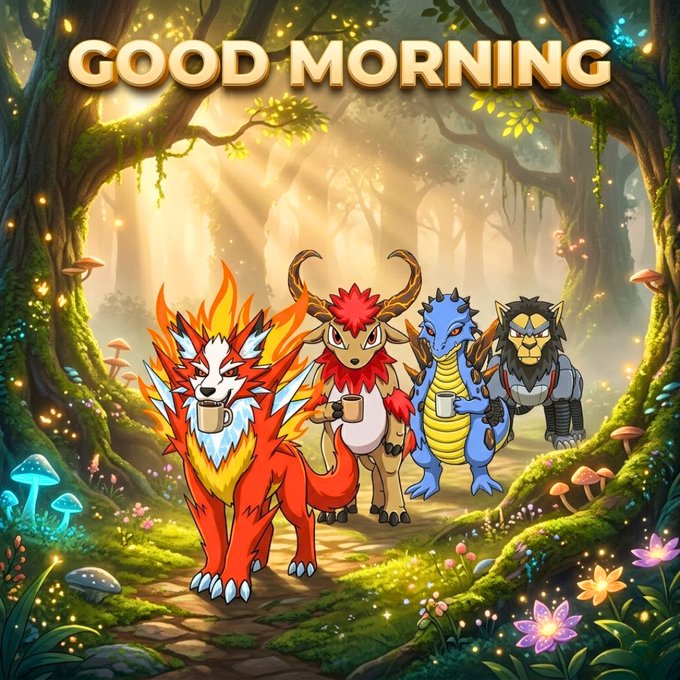 The image features a group of cartoon characters walking through a forest with trees, flowers, mushrooms, and other elements typical of a magical woodland setting. The characters include a dragon, a unicorn, and a fire-breathing dragon. They are all holding drinks in their hands, which adds to the whimsical atmosphere of the scene.

The post is titled "Good Morning" with a message that reads "Good morning". This suggests that it was created as part of a social media campaign or promotional activity for an event or product related to mornings and good vibes. The image's content and the accompanying text convey a sense of joy, wonder, and adventure, which aligns well with the theme of the post.