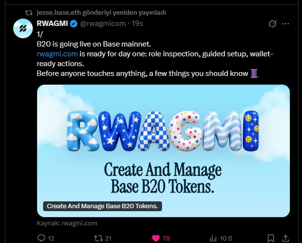 A Twitter/X post from RWAGMI (@rwagmicom) announcing that "B20 is going live on Base mainnet," featuring colorful RWAGMI branding and the tagline "Create And Manage Base B20 Tokens," which was reshared by jesse.base.eth and is being promoted due to $JESSE's support rather than the project's origins.