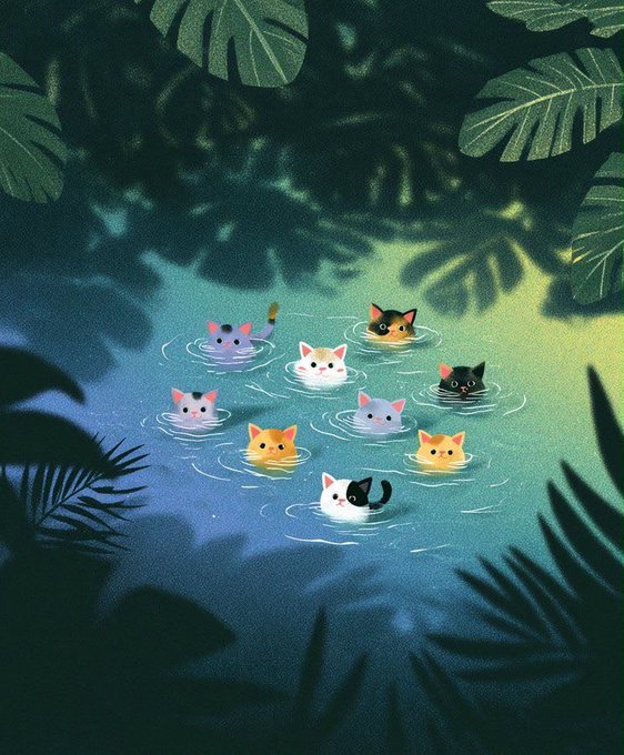 A whimsical illustration shows several adorable cats of various colors swimming in a glowing blue-green pool, surrounded by lush, dark tropical foliage. Ripples encircle each cat as they paddle through the water in this charming, magical jungle scene.