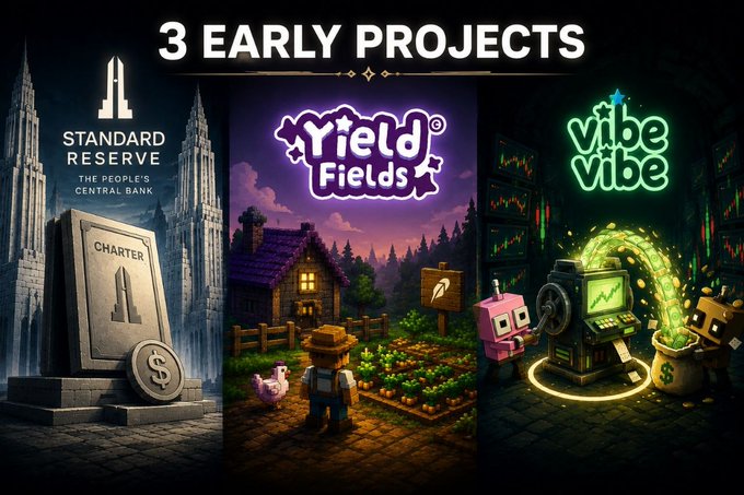 A promotional graphic titled '3 EARLY PROJECTS' showcasing three games: 'STANDARD RESERVE - The People's Central Bank' with a charter monument, 'Yield Fields' featuring a farmer in a vegetable garden, and 'Vibe Vibe' displaying a green glowing terminal with money.