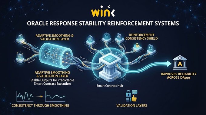 An infographic titled 'wink ORACLE RESPONSE STABILITY REINFORCEMENT SYSTEMS' illustrates 'ADAPTIVE SMOOTHING & VALIDATION LAYER' and 'REINFORCEMENT CONSISTENCY SHIELD' feeding into a 'Smart Contract Hub' that 'IMPROVES RELIABILITY ACROSS Dapps', highlighting 'CONSISTENCY THROUGH SMOOTHING' and 'VALIDATION LAYERS'.