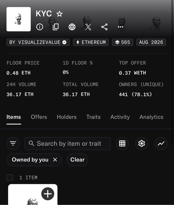 A dark-themed NFT marketplace profile page for the 'KYC' collection by VisualizeValue on Ethereum, showing 565 items, a 0.48 ETH floor price, and 441 unique owners.