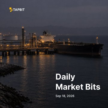 A dark maritime scene shows a large illuminated tanker ship docked at a port at dusk, with overlaid text reading 'TAPBIT', 'Daily Market Bits', and 'Sep 18, 2026'.