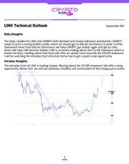 A LINE Technical Outlook report from September 6th discussing bullish undertones in LINK, with an intra-day chart and market insights about trend analysis.