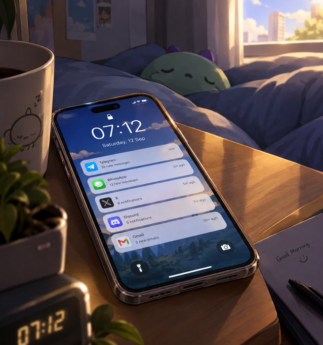 A smartphone on a nightstand displays a lock screen with the time '07:12' and notifications from Telegram, WhatsApp, X, Discord, and Gmail, with a digital clock in the foreground matching the time.