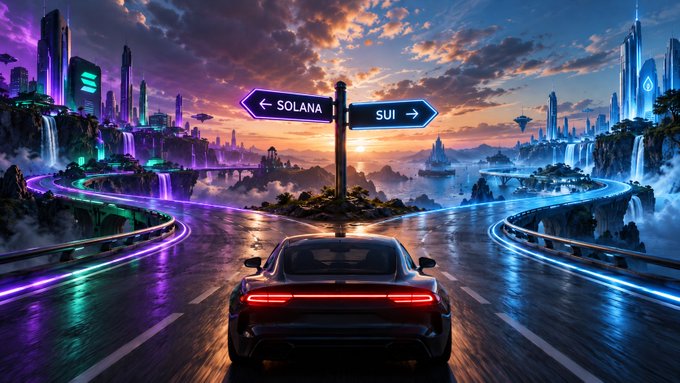 A futuristic digital artwork featuring a sports car facing a signpost with arrows pointing left to 'SOLANA' and right to 'SUI', set against a vibrant cyberpunk cityscape with neon-lit roads.