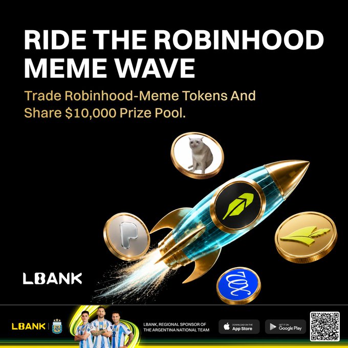 LBank promotional ad titled 'RIDE THE ROBINHOOD MEME WAVE' offering trading of Robinhood-themed meme tokens and a $10,000 prize pool, featuring a rocket graphic with coins including PEPE and a cat meme.