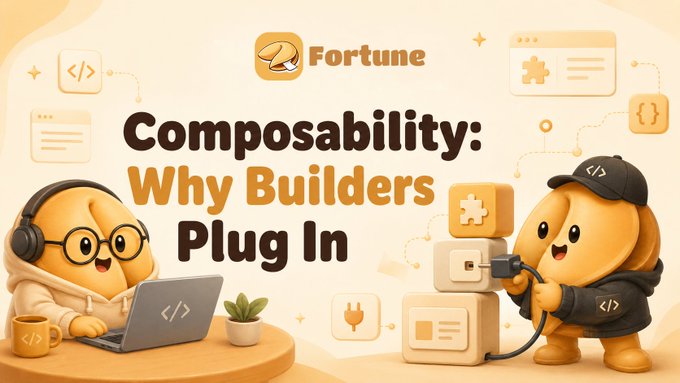 The image features a branded banner with the text "Fortune" and the headline "Composability: Why Builders Plug In," illustrated by two cheerful cartoon characters—one coding on a laptop and another connecting modular blocks with a cable—visually reinforcing the post's message about developers reusing existing infrastructure rather than building from scratch.
