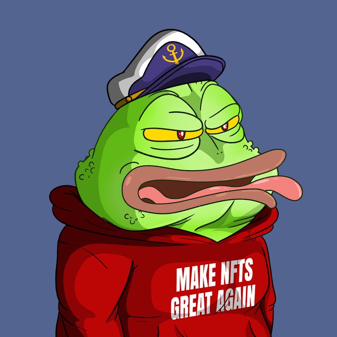 A Pepe the Frog cartoon character wearing a captain's hat and a red hoodie with the text 'MAKE NFTS GREAT AGAIN'.