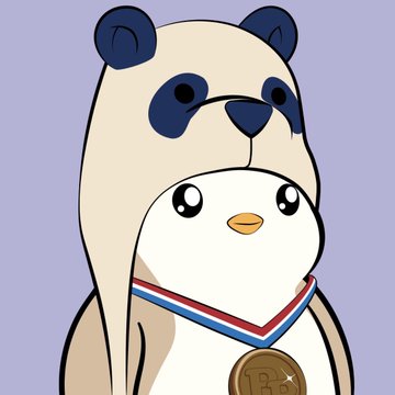 A cartoon illustration of a large brown and white dog (resembling a panda-like dog breed) with a smaller white penguin-like character wearing a bronze medal with a '1st' emblem, set against a purple background.
