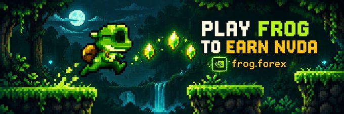 A pixel art banner shows a green frog leaping across platform ledges at night, collecting glowing green gems, with text reading "PLAY FROG TO EARN $NVDA" and "frog.forex," promoting the Robinhood $FROG token as a play-to-earn game on Moby.