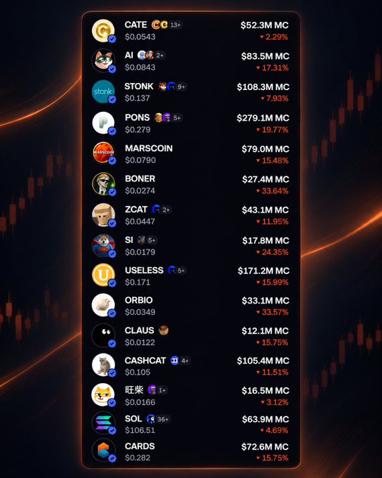 A cryptocurrency market dashboard displaying meme coins with their prices and 24-hour percentage changes, including tickers like CATE, AI, STONK, PONS, MARSCOIN, BONER, ZCAT, USELESS, and SOL, all showing positive gains against an orange and black chart background.