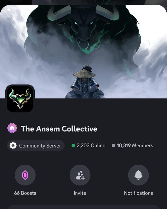 A screenshot of "The Ansem Collective" Discord server showing 10,819 members (2,203 online) with a Kingdom Hearts-themed banner featuring a samurai figure and a Heartless, celebrating the rapid growth to over 10K members in 24 hours as mentioned in the $ANSEM post.