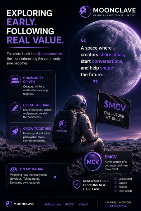 A purple-themed promotional graphic for 'MOONCLAVE' featuring an astronaut on the moon with a '$MCV' flag and text highlighting 'EXPLORING EARLY. FOLLOWING REAL VALUE.'