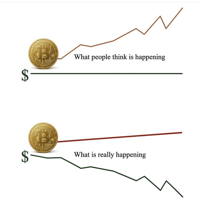 An infographic comparing Bitcoin's value to the dollar, showing 'What people think is happening' with Bitcoin rising steeply while dollars stay flat, versus 'What is really happening' where dollars decline sharply and Bitcoin rises only slightly.