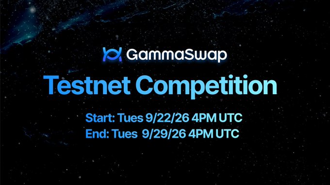 An announcement graphic for 'GammaSwap Testnet Competition' displays a starry background with the dates 'Start: Tues 9/22/26 4PM UTC' and 'End: Tues 9/29/26 4PM UTC'.