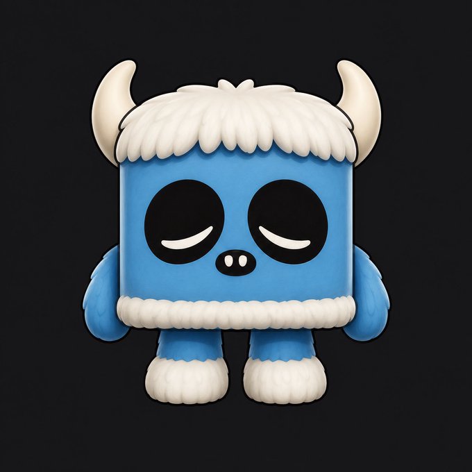 A 3D render of a blue cartoon monster character with white horns, fluffy white trim, and closed sleepy eyes against a black background.