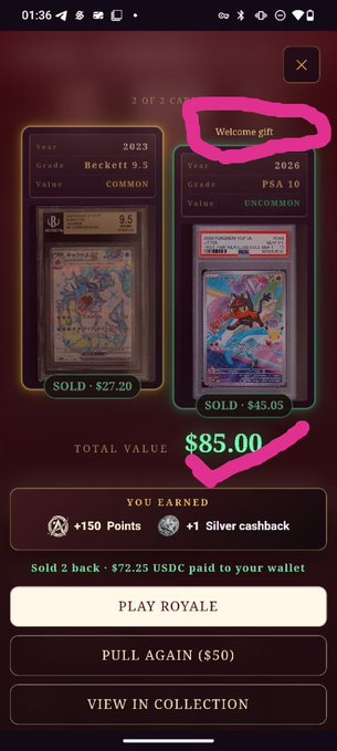 The image shows a mobile app screen displaying two sold graded Pokémon cards with a total value of $85.00, including a "Welcome gift" 2026 PSA 10 card and a 2023 Beckett 9.5 card. The user earned $72.25 USDC for selling 2 cards back, plus +150 points and +1 silver cashback, supporting the post's claim about making money through the Seeker Season event on the Solana dApp Store.