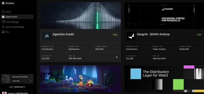 A screenshot of a website called 'Nucleus' displays a dark-themed dashboard with sections for 'Opportunities,' 'User Rankings,' and 'Community Rankings,' featuring active airdrop campaigns like 'Agentics Credit' and 'Vangrid - $100K Airdrop'.
