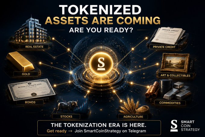A promotional graphic reading 'TOKENIZED ASSETS ARE COMING. ARE YOU READY?' by 'Smart Coin Strategy,' featuring illustrations of real estate, private credit, gold, art & collectibles, bonds, commodities, stocks, and agriculture surrounding a stylized 'S' logo.